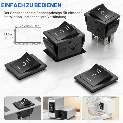 Heschen Rocker Switch ON-OFF-ON Switch DPDT 6 Terminals 16 A 250 Vac Black Pack of 2
