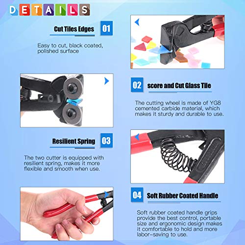 Glarks 12Pcs Mosaic Tools Set, Heavy Duty Wheeled Glass Mosaic Nippers and Tile Cutter Pliers with 10Pcs High Strength Needle File for Glass & Ceramic Cutting and Grinding