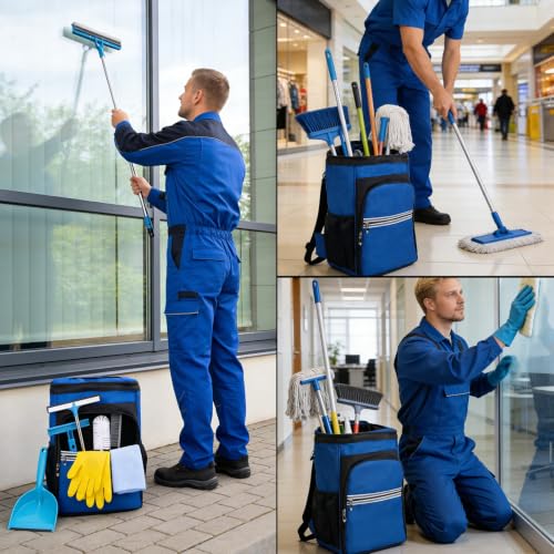 Cleaning Tool Backpack & Belt Set - Large Capacity Multi-Pocket, Durable Reinforced Material, Hands-Free for Housekeepers Cleaners Gardeners | Ideal for Housekeeping Car Cleaning Household Maintenance Blue