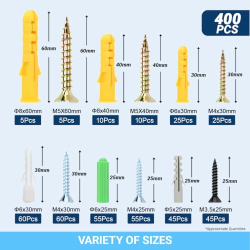 400Pcs Drywall Anchors & Screws Kit, 6 Sizes, Heavy Duty 400PCS 6-Sizes