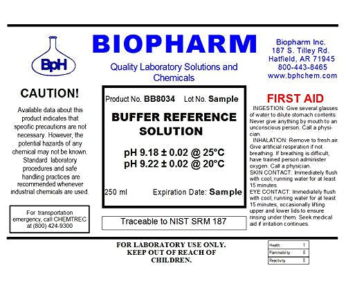 Biopharm pH Calibration Buffer 3-Pack, 250 mL (8.4 fl oz) Each: pH 4.00, pH 6.86, and pH 9.18; NIST Traceable Reference Standards for All pH Meters