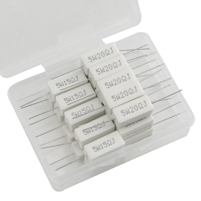 BGTXINGI 25pcs 5W 1 Ohm 5 Ohm 10 Ohm 15 Ohm 20 Ohm Cement Resistors 5% Axial Line Power Resistor Ceramic Cement Resistor Wire Wound Solid Metal Full Range Resistors Kit White