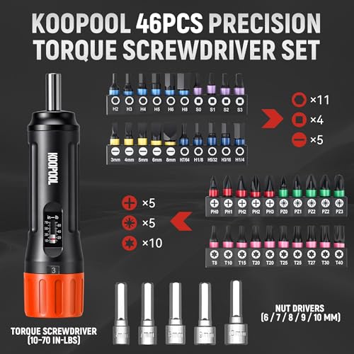 KOOPOOL 46-Piece Torque Screwdriver Set, 1/4 Inch Drive, 10–70 Inch-Pounds, Includes 40 S2 Bits & 5 CR-V Nut Drivers, Adjustable Torque Wrench Kit for Electronics, Bike, DIY & Repair（Orange） Basic Torque Screwdriver Set(46pcs)