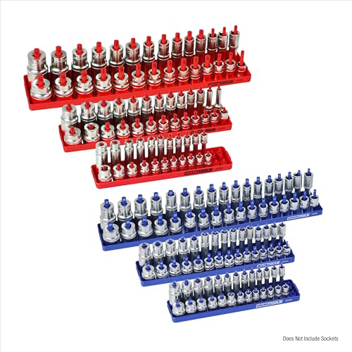 OEMTOOLS 22237 6-Pc SAE & Metric Socket Tray Set for Sizes 1/4", 3/8”, 1/2" Red and Blue