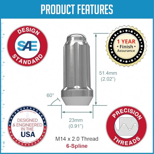 Wheel Accessories Parts 24 Pcs M14x2 14x2 Thread Truck 2.00" Long Spline Lug Nuts Chrome 6 Spline Hex Fits Ford F-150 Expedition Lincoln Navigator Mark LT M14 x 2.0