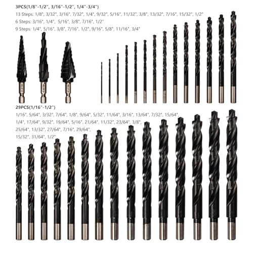 32PCS Cobalt Drill Bits Set (Pro), 29PCS 1/16"-1/2" Twist Drill Bit & 3PCS 1/8"-3/4" Step Drill Bit, Industrial Grade M35 TiAlN, Bullet Point Tip, for Hardened Metal, Stainless Steel 32PCS(1/16"-3/4")