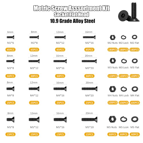 ZTF 3440pcs Metric Screw Assortment Kit, M2 M3 M4 M5 Machine Screws Flat Head ss+black 3440Pcs