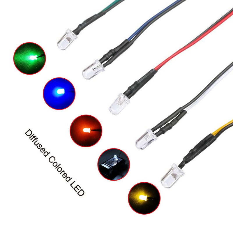 Yixisi 100 x Pre-wired LEDs, Diode Light, 12 V, 3mm, 20 cm, Pre-Wired Light, 5 mm LEDs (Red, Yellow, Green, Blue, White, x 20 each) Multicolor-100