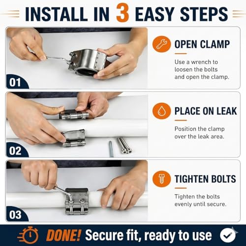 Pipe Repair Clamp,2.5 inch (60mm-65mm)）Stainless Steel Leak Sealer, Heavy Duty Pipe Leak Repair Kit for Metal & PVC Pipes, for Burst & Crack Water Pipe Emergency Maintenance 60mm-65mm/2.5 inch