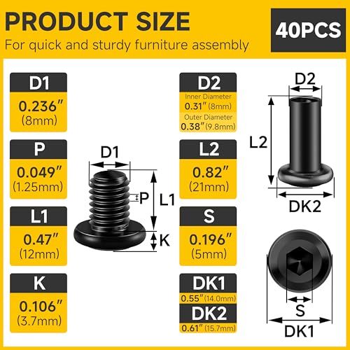 Mywish 30Pcs M8 x 12mm Flat Head M8x1.25 Bolt Hex Socket Cap Screws Bolts & M8 x 12mm 20Set Flat Head Hex Socket Cap Screws Bolts with Barrel Nuts, 304 Stainless Steel Furniture Bolts Full Thread