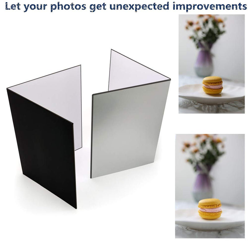(2 Pcs) Light Reflector 3 in 1 Photography Reflector Cardboard, A4 (12x8 Inch) Size Folding Light Diffuser Board for Still Life, Product and Food Photo Shooting - Black, Silver and White, 2 Pack