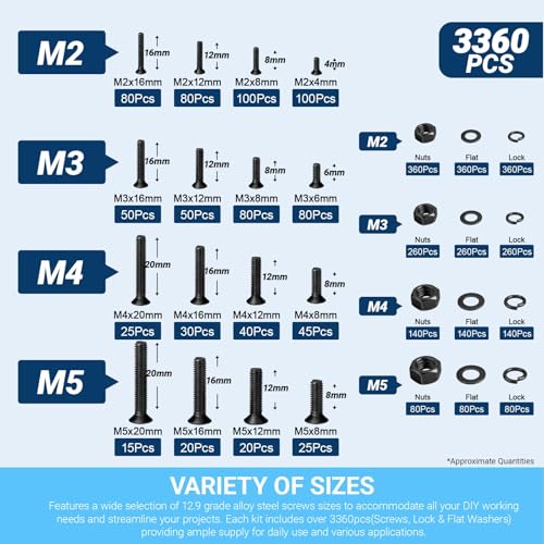 M2 M3 M4 M5 Fasteners 12.9 Alloy Steel Countersunk Hex Socket Screw Kit 3360 M2/M3/M4/M4 Button Flat