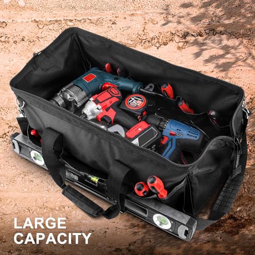 HAUTMEC 24" Large Contractors Tool Bag, Wide Mouth Tool Bag with Hard Base & Metal Frame, 21-Pocket Double Zippers Heavy-Duty Tool Organizer for Heavy Tools – HT0184 24" Large Tool Bag
