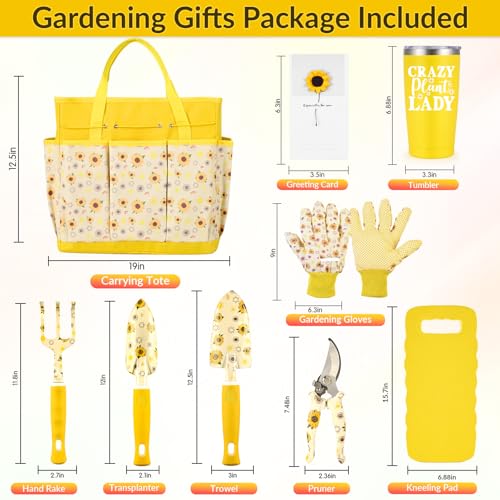 Gardening Gifts for Women, Gardening Tools for Women, 9 PCS Sunflower Garden Tools Set Kit with Garden Tool Bag, Mother's Day Birthday for Gardener Mom Grandma Aunt, Yellow