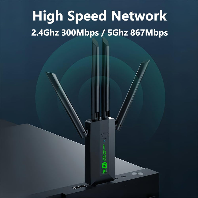 USB Adapter, 1200Mbps Dongle USB 3.0 Dual Band 5G 2.4G, Network Adapter for Desktop Laptop PC, Dual 5dBi Antennas, Supports
