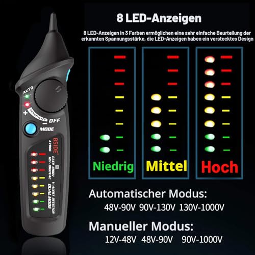 GZCRDZ AVD06 Non-Contact Voltage Tester AC 12-1000V Test Pin Power Socket Live Wire Check Dual Mode with 8 LEDs (Black) black