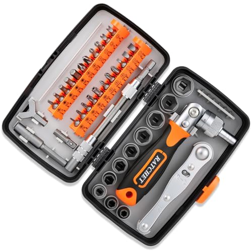 180° Adjustable Ratchet Screwdriver and Wrench Set with Bit Sets, Metric Socket Set with Flexible Shaft Extension, Ratcheting Screwdriver Mechanics Tool Kit for Tight Spaces