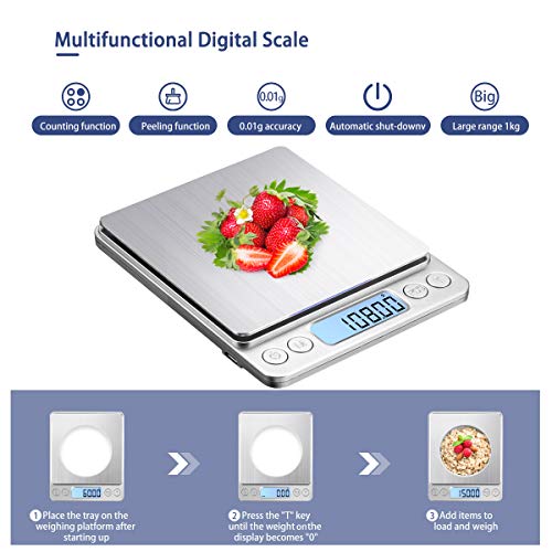 Upgraded Large Range Small Kitchen Scale 1kg/0.01g, USB Charging Mini Food Electronic Scale, High Accuracy Cooking Scale, for Jewellery Gold Coffee Herb Coin Pocket Scale with LCD Display