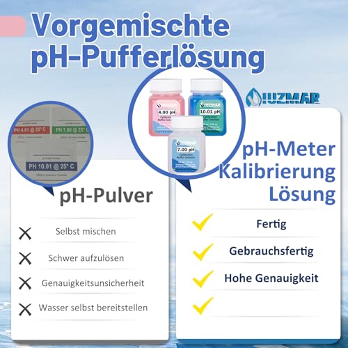 UIUZMAR pH Calibration Solution Set pH 7.00/4.00/10.01 50 ml Each for pH Meter | With storage solution pH electrode 2 bottles of 10 ml each, pH calibration buffer solution and pH electrolyte solution