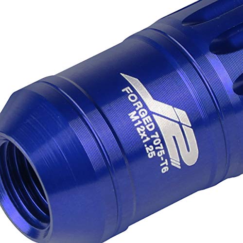 J2 Engineering 7075-T6 Aluminum M12 x 1.25 16Pcs 80mm Tall Spiky Cap Lug Nut w / 4Pcs Lock+Key Blue