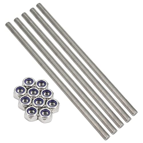 M10 x 250mm 304 Stainless Steel Fully Threaded Rod, Right Hand Threads 1.5mm Pitch with 10pcs Lock Nuts, 5pcs/Pack M10 x 250mm