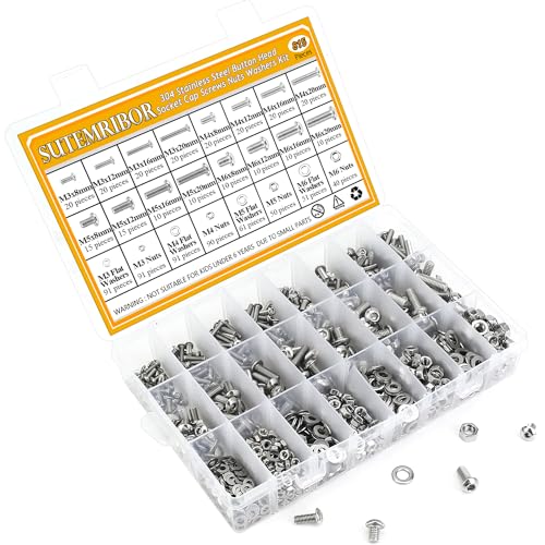 815 Pieces M3 M4 M5 M6 Button Head Socket Cap Screws Nuts Washers Assortment Kit, Metric Screw Assortment with Hex Wrenches, 304 Stainless Steel, Fully Threaded M3M4M5M6 (815 Pieces)