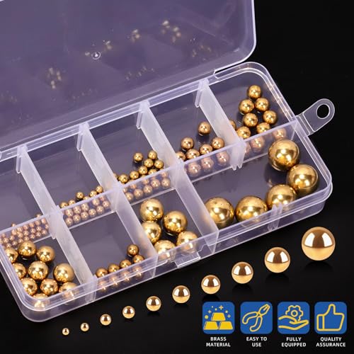 Glarks 120pcs 3/32’’-1/2’’ 10 Sizes Precision Solid Brass Bearing Balls Assortment, Yellow Brass Hardness Round Ball, Industrial Bearing Balls for for Machinery, Automotive, Valves, Ball Mill 3/32"-1/2"