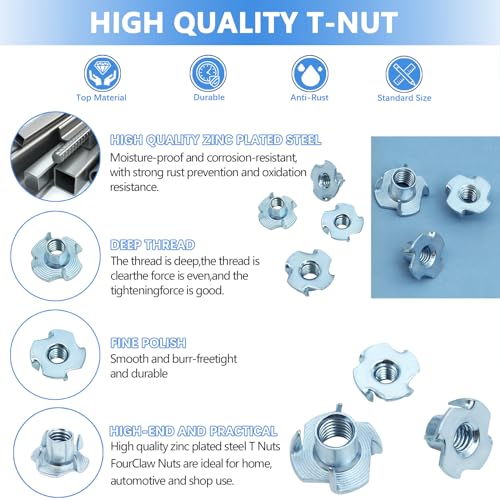 T Nuts 1/4"-20, 5/16"-18, 3/8"-16, Jovlalis 160 pcs Zinc Plated Steel T-Nut 4 Pronged Tee Blind Nuts Assortment Kit for Wood, Rock Climbing Holds, Cabinetry, Furniture Zinc Plated Steel T-Nuts