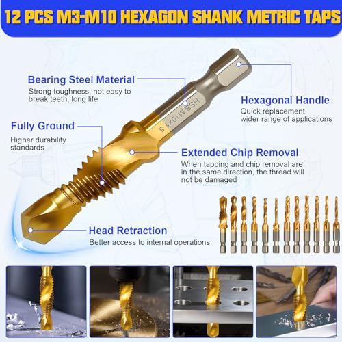 Metric Tap and Die Set, 34 Pcs Adjustable Drill and Tap Set with Tap Wrench, Quick Change Bit Holder, Twist Drill Bits, and M2-M12 Taps, Hand Screw HSS Thread Tap Set, Drill Tap Set for Metal Wood