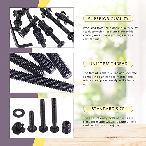 Swpeet 180Pcs M6 Carbon Steel Black Hex Drive Socket Cap Bolts and Threaded Inserts Nuts with T Nut 4 Pronged Tee Blind Nuts and Flat Washers Kit, 1Pcs Wrench Bolts Fully Threaded Hex Socket Screws 178