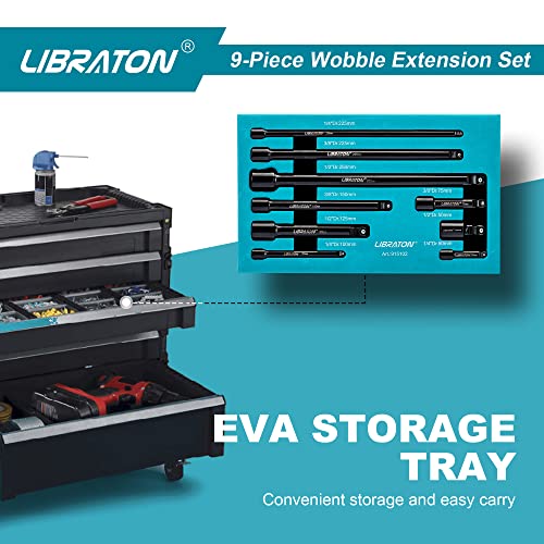 LIBRATON Wobble Extension Set, Socket Extensions Set, Ratchet Extensions 1/4", 3/8", 1/2", Cr-V, with EVA Storage Tray 9PCs-Black