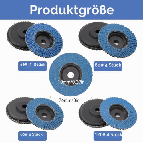 Pack of 16 Serrated Discs Diameter 76 mm, 40/60/80/120 Grain Flap Discs Grinding Disc 76 mm, Sanding Discs for Angle Grinders, Flap Discs for Metal, Wood, Steel 76 mm 16 x 40/60/80/120 grain