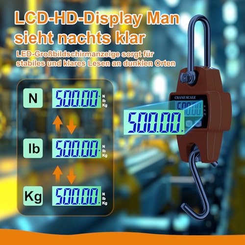 Digital Hanging Scale, 500 kg Industrial Hanging Electronic Wild Scale, Industrial Hanging Scale, Portable LCD Train Scales with Hooks for Farm, Farm, Factory, for Wharf Weighing, Luggage, Steel Raw | Industrie Hängende Waage Tragbare LCD Zugwaage mit ...