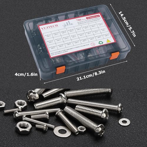 780Pcs Machine Screws Assortment Kit,#4-40#6-32#8-32#10-24 Stainless Steel Screws Set with Nuts Bolts and Flat Washers, for Electronics Furniture Automotive Repair & DIY Projects