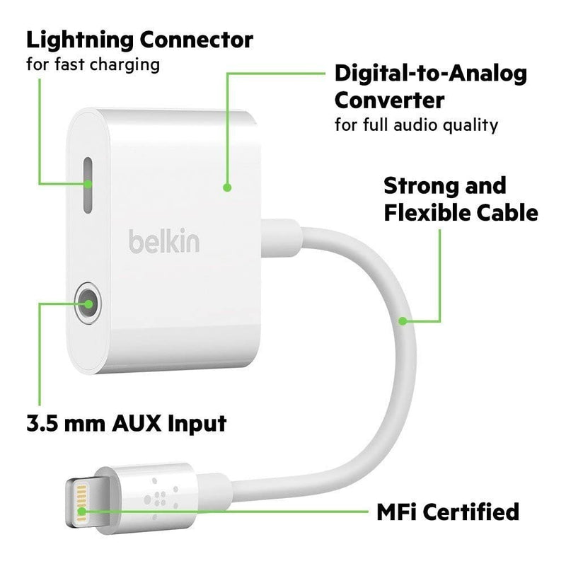 Belkin RockStar Lightning Audio Cable and Charger for iPhone 14, 13, 12, 11, 10 - White 3.5MM Audio + Lightning Charge