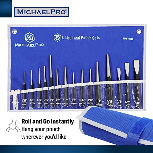 MichaelPro Punch and Chisel Set, 16-Piece Punch Set Tools with Center Punch, Pin Punch, Starter Punch, Chisel, Gauge and Tool Storage Pouch, Heavy Duty Chrome Vanadium Steel Chisels and Punch Tool Set