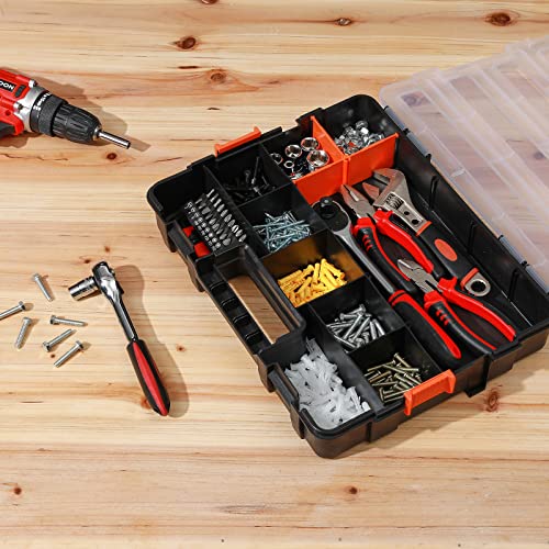 Tool Box Organizer Interlocking Black Small Parts Organizer for Fasteners and Crafts w/Removable Dividers (2 Piece Pack) 2 PCS Toolbox Organizer