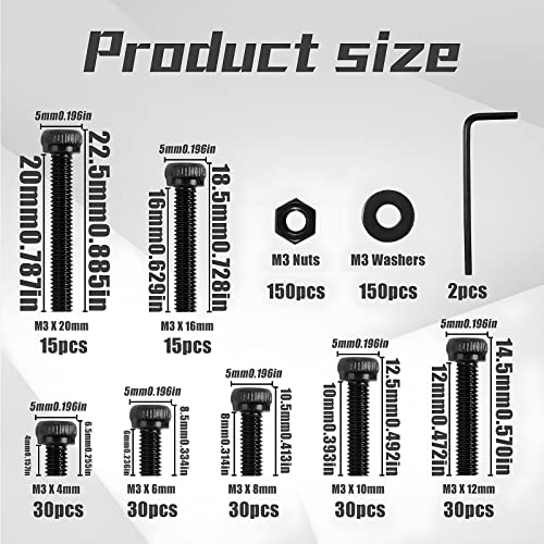 M3 480Pcs Black Hex Socket Screws Metric Thread Hexagon Alloy Steel 12.9 Grade Allen Machine Bolts Nuts Washers Assortment Kit with Wrench Key