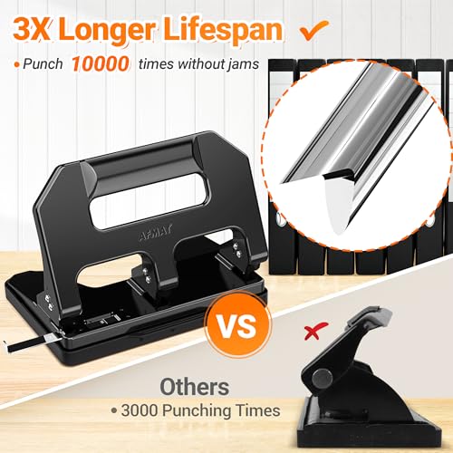 AFMAT HPX1 Heavy Duty 3 Hole Punch, 3 Hole Puncher for Binder, 40-Sheet Three Hole Punch w/ 10000+ Uses, Metal Hole Puncher 3 Ring, 50% Reduced Effort, Bulit-in S.S. Paper Guide (Black) Black