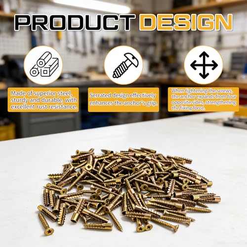 Moxweyeni 200 Pack 6 x 32 mm Hollow Wall Anchors with Screws, Gold