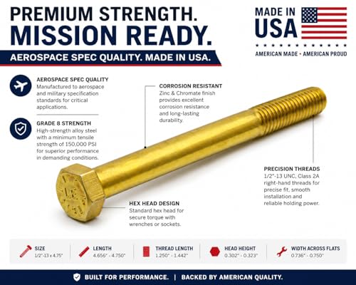 1/2-13 x 4.75 Made in USA Grade 8 Hex Cap Head Bolt (Pack of 10) – Aerospace Military Spec Fasteners – Zinc Chromate Steel UNC 2A