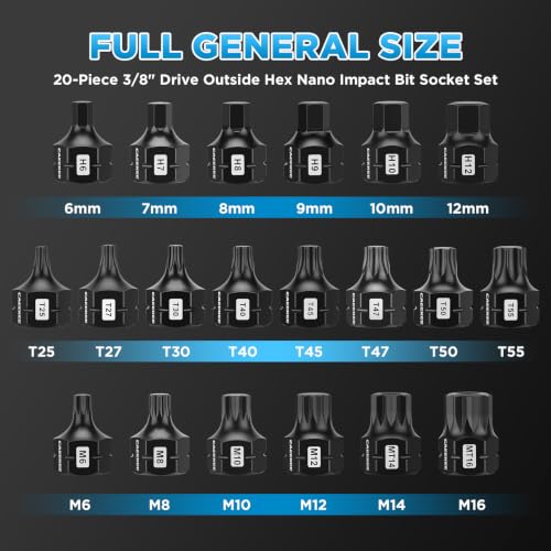 20-Piece 3/8" Drive Outside Hex Nano Impact Bit Socket Set, Master Hex, Torx & Triple Square, S2 Steel, Stubby Design for Tight Spaces