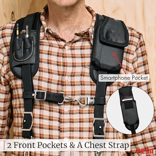 FESA Leather Tool Belt Suspenders for Men with Breathable Mesh Padding, Front Pockets & 4 Loops for Attachment to Work Belts Black