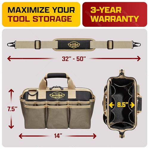 Ryker 14’’ Heavy Duty Tool Bag. Tool Box Organizer for Electricians & HVAC Khaki