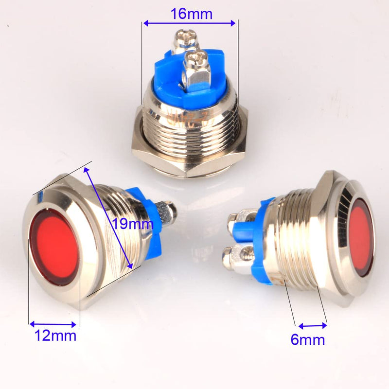 GUUZI 5pcs 12V-24V 16mm LED Metal Indicator Light Waterproof Signal Lamp with Wire (Red) Red