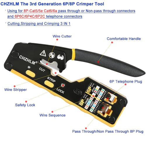 RJ45 Crimp Tool Kit Pass Through Crimper RJ45 Crimping Tool Stripper Cutter Crimper All-in-One for 8P RJ45 Cat5 Cat5e Cat6 6P RJ11/12 Telephone Connectors Network Enthernet Crimper kit 6P/8P RJ45 Crimp Tool Set