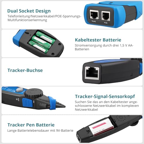 RJ45 Cable Tester POE with LCD for CAT5/6/7/8 | Multifunctional network tester, cable CAT5 to CAT8 tracker, line finder for short circuit, cross and interruption test