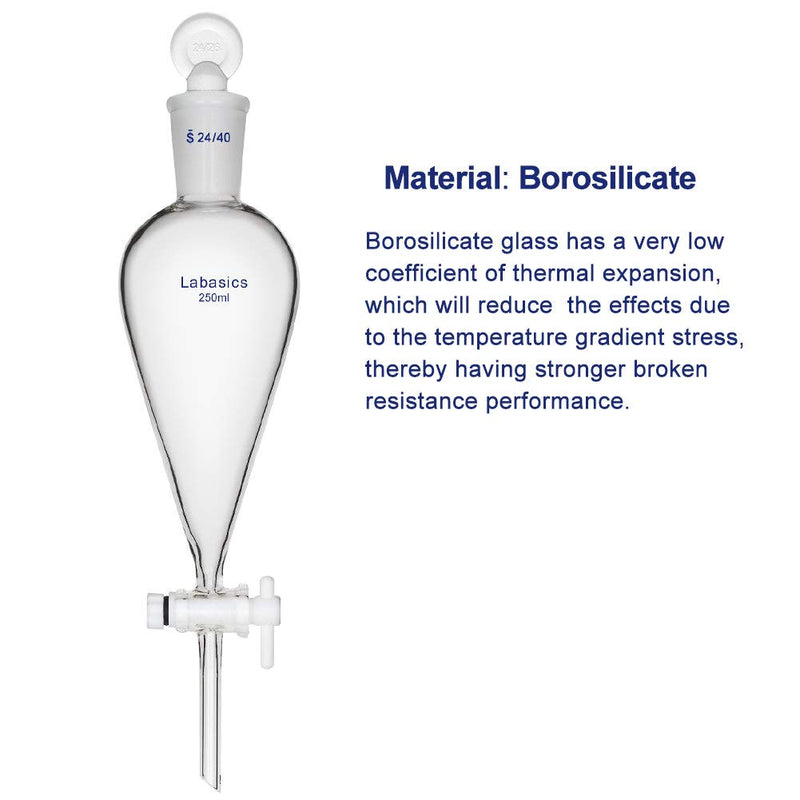 Labasics Borosilicate Glass 250ml Conical Separatory Funnel with PTFE Stopcock, 250mL 250 ml
