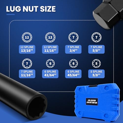 8PCS Spline Lug Nut Socket Set, CR-MO Universal Wheel Lock Removal Tool & Master Key Kit for Automotive Locking Lug Nuts, 5/6/7/12 Spline 8PCS Spline Lug Nut Socket Set