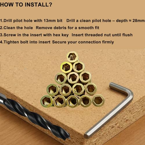 3/8"-16 Wood Threaded Inserts, 50Pcs Hex Drive Zinc-Plated Screw-in Nuts